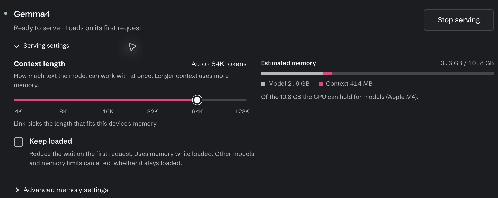Gemma4 Serving settings showing Auto context length at 64K tokens and estimated model and context memory on this device