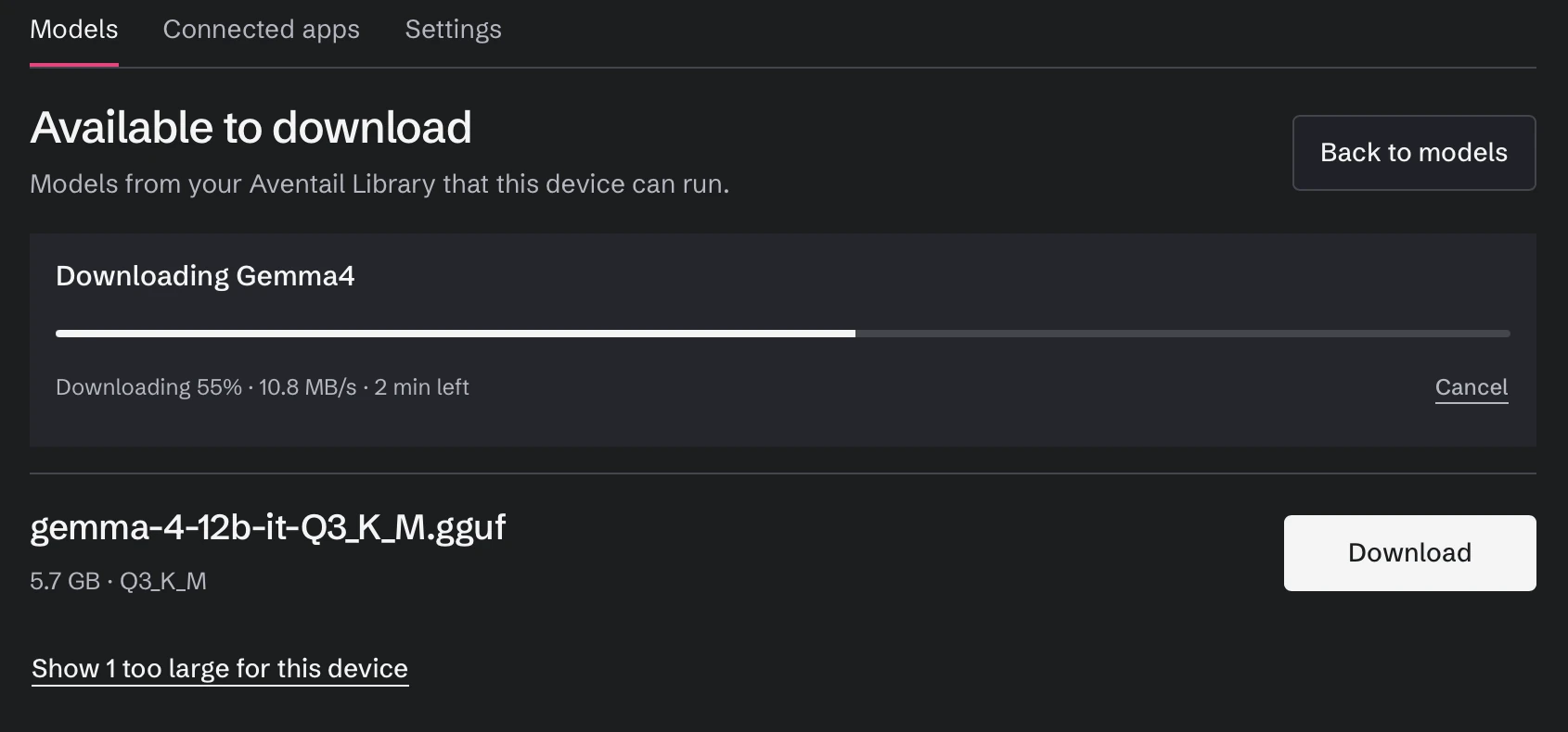 Aventail Link model library downloading Gemma4, with download progress and device limits visible