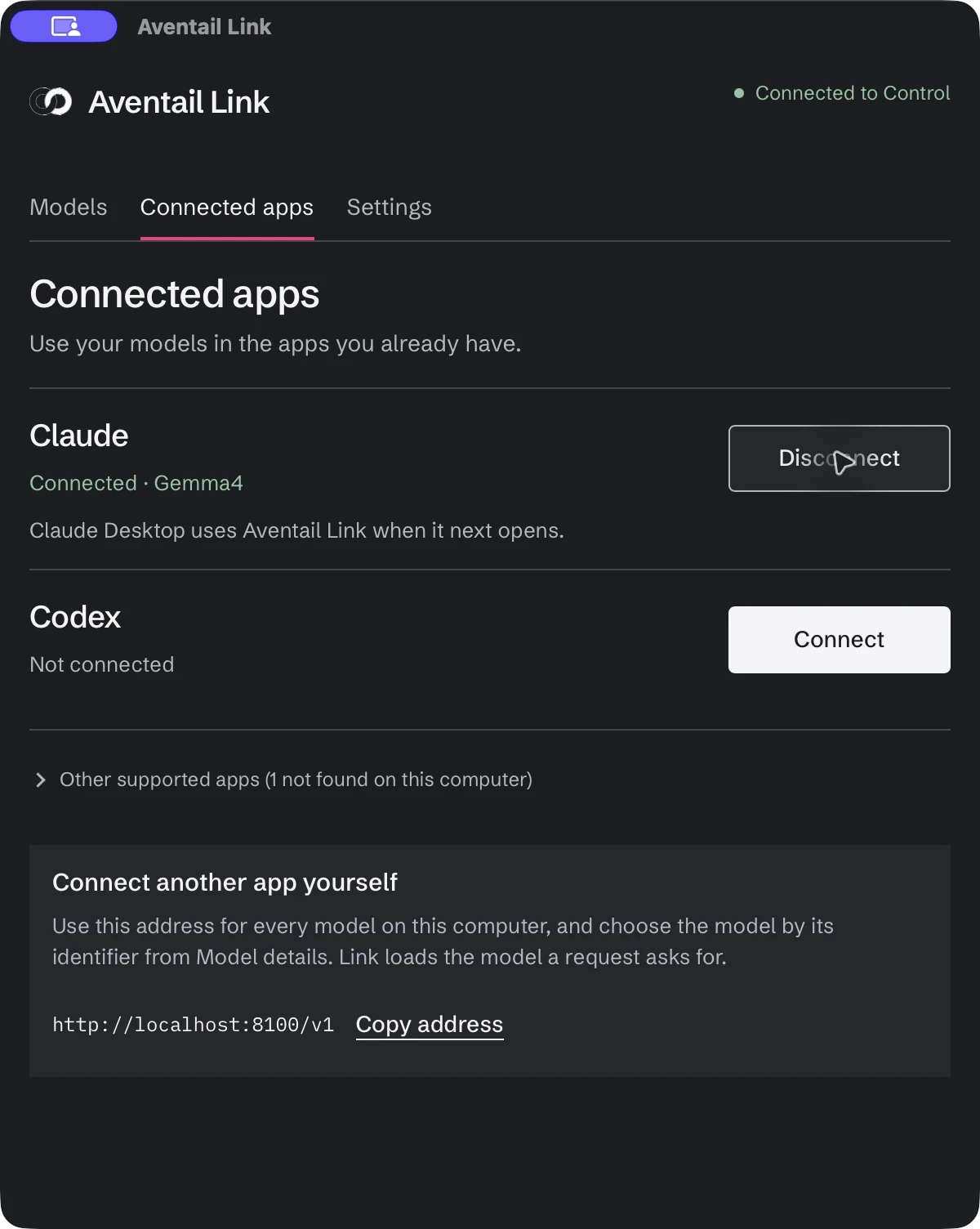 Aventail Link Connected apps showing Claude connected to Gemma4 with a Disconnect button